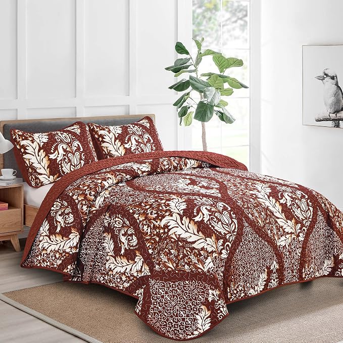DJY Damask Queen Quilt Set, Boho Lightweight Bedding Set 3 Pcs, Burgundy | - Image 2
