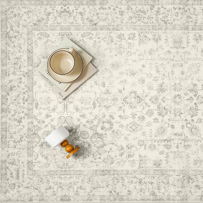 2x8 Grey Runner Rug Hallway Non Slip Kitchen Vintage Distressed Long Carpet Indoor Machine Washable Retro Floral Bedroom Accent Throw Rug for Office Laundry Bathroom Dining Living Room