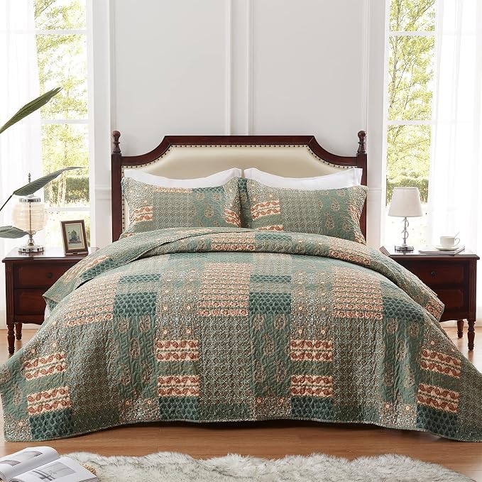Quilt Set King Size 3 Piece Bedspread Lightweight Microfiber Floral Paisley - Image 2