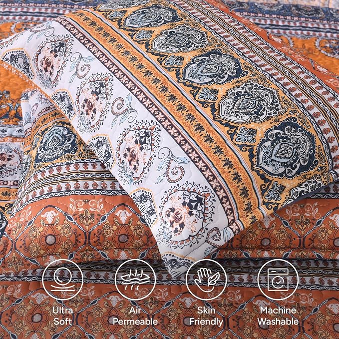 Blue Orange King Size Quilt Set, 3 Pieces Boho Striped Bedspread | Soft - Image 4