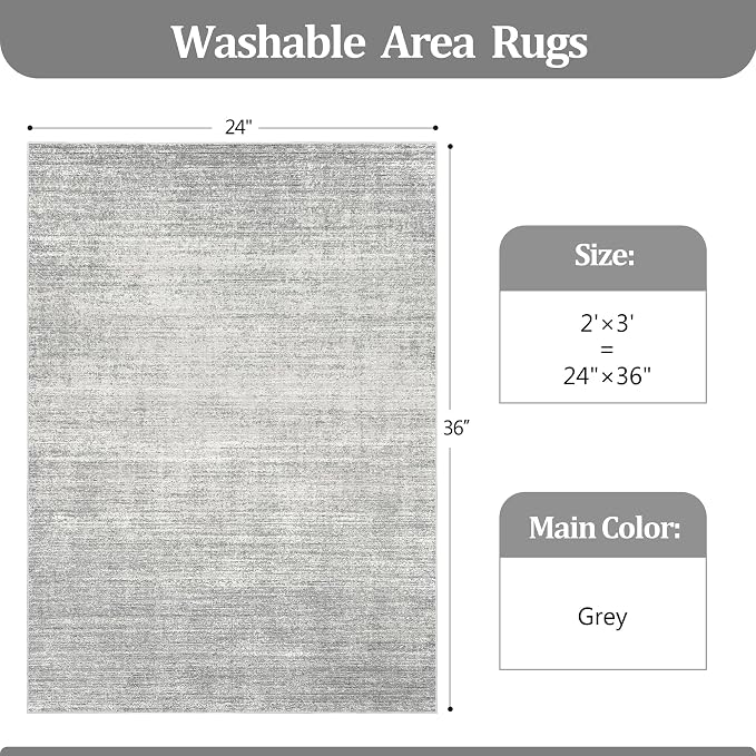 2x3 Rug Non Slip, Small Washable Entryway Rug Indoor Doormat Grey | Soft Low - Image 2
