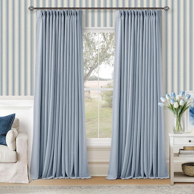 Light Blue Pinch Pleated Dual Layer Blackout Linen Curtains 102 Inches Long | by Twodrapes
