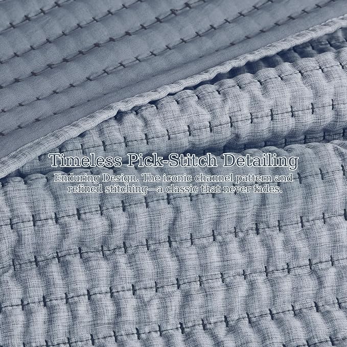 WDCOZY Chambray Pick Stitch King Size Quilt Set, Denim Blue Striped Lightweight - Image 7