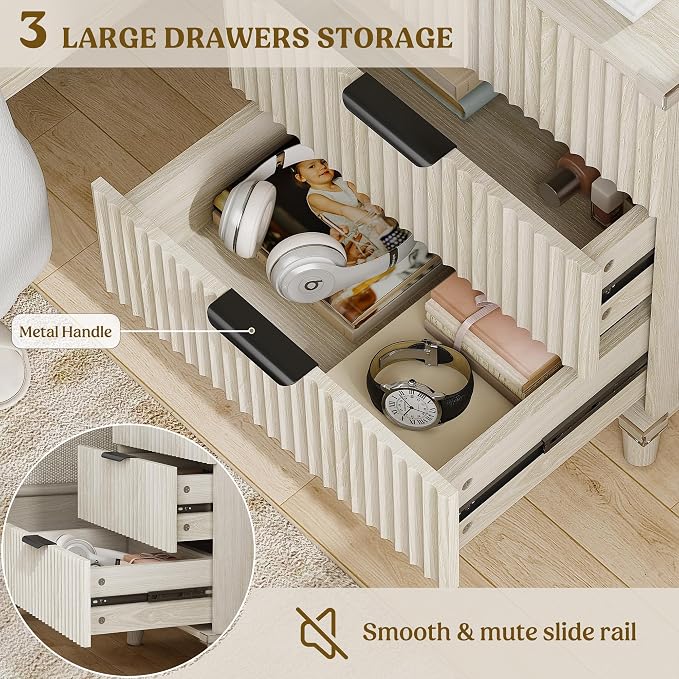 Wood Bedside Table w/Charging Station, 3 Drawers Fluted Dresser | Grey White - Image 4