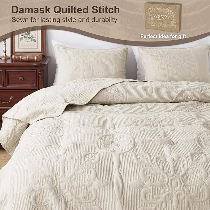 Light Beige Damask Quilt California Cal King Size Bedding Sets - Image 4