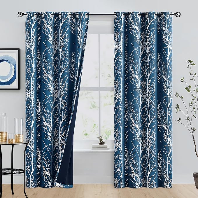 FMFUNCTEX 100% Blackout Navy Silver Foil Tree Curtains 96 Inch 2 Panels | - Image 2