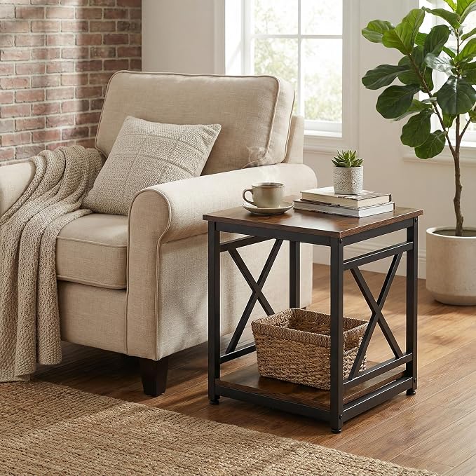KSWIN Industrial End Table, X-Design Metal Frame, Rustic Brown Nightstand - Image 2