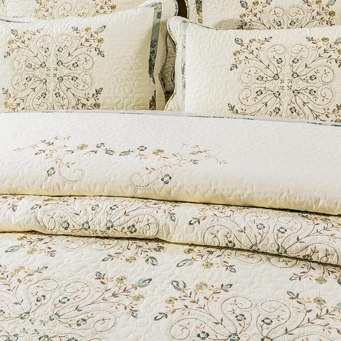 ROOMLIFE 100% Cotton Quilt Set King 3D Floral Embroidery Pattern 3-Piece | - Image 8
