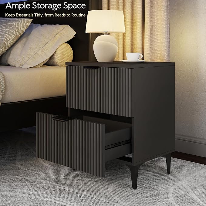 Black Fluted Nightstand Set of 2, Modern Night Stands - Image 4