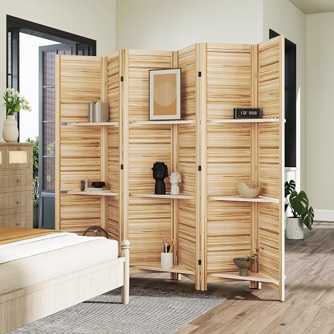 HOMCOM Room Divider with Shelves, 6 Panel, Natural Wood | Wood Privacy Screen - Image 8
