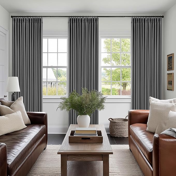 Dark Grey Pleated Thick Linen Blackout Curtains 86 Inches Long - Image 9