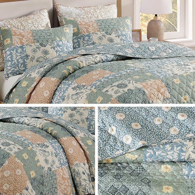 King Size Quilt Set-3 Pieces Soft King Bedspread Floral Patchwork Quilt | - Image 8