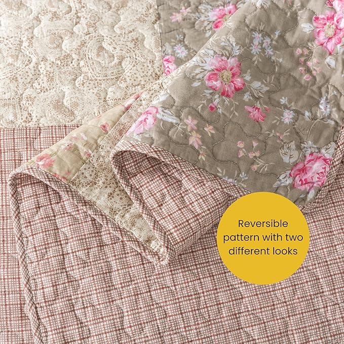 SLPR - Secret Garden Pink Patchwork Cotton Quilt Set, King - Image 5