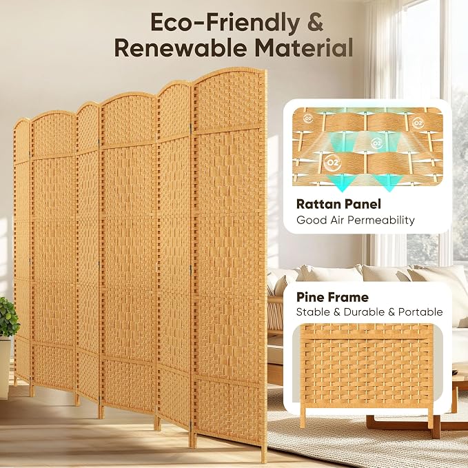 Rattan Room Divider, 6-Panel Folding Privacy Screen 6ft. Extra Wide | Double - Image 3