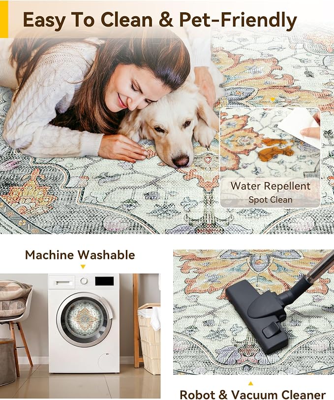 RELEANY Washable Area Rug, Round 6ft, Water Repellent, Pet Friendly, Vintage - Image 5