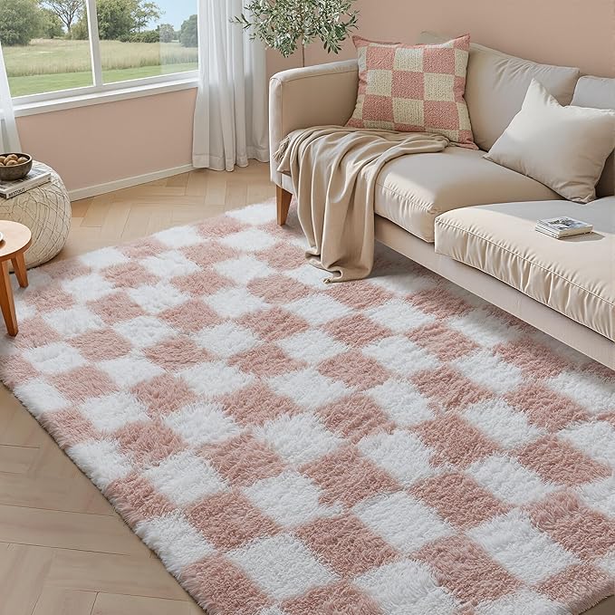 Pink Area Rug 5x7 for Bedroom Soft Fluffy Checkered Shag Carpet | Machine by PureCozy