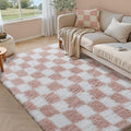 Pink Area Rug 5x7 for Bedroom Soft Fluffy Checkered Shag Carpet | Machine by PureCozy