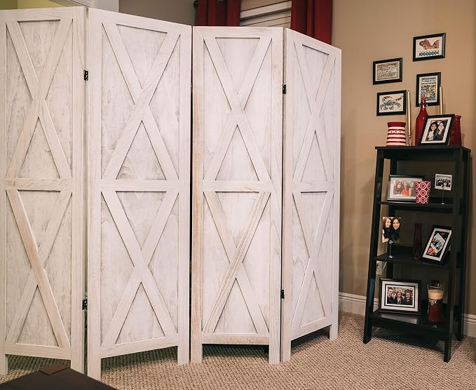 Premium Home 4-Panel Room Divider – Rustic White Barn Door, X Pattern Folding - Image 5