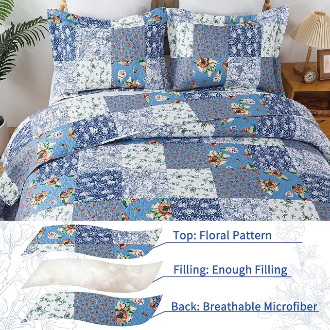 VAPUTAR Farmhouse King Size Quilt Set, Reversible Floral Bedspreads | - Image 3