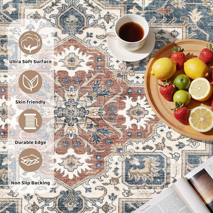 cotiled 8ft Round Living Room Area Rug, Traditional, Vintage Blue | Soft - Image 3