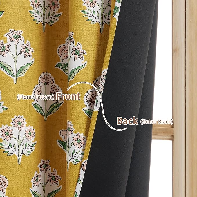 RYB HOME 100% Blackout Mustard Yellow Floral Curtains - Image 6
