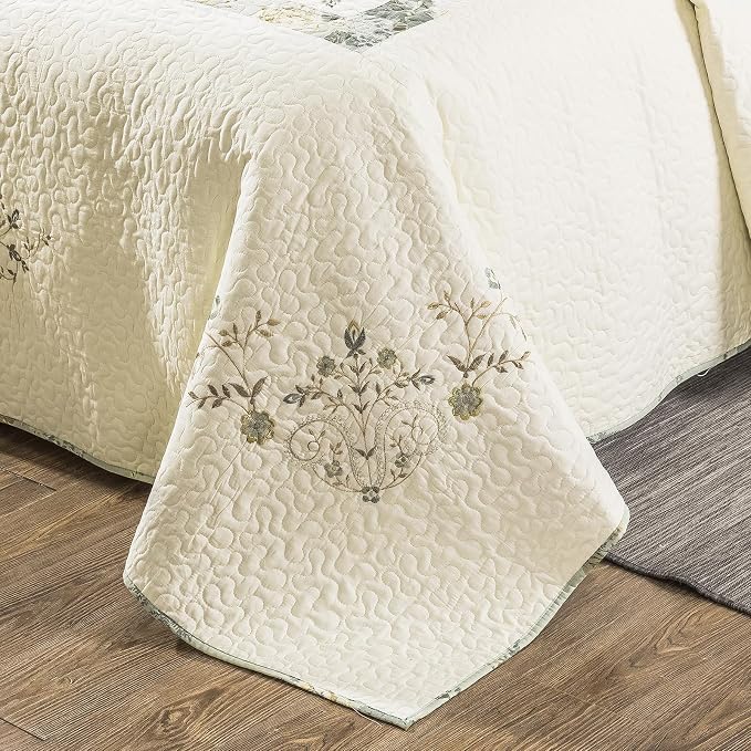 ROOMLIFE 100% Cotton Quilt Set King 3D Floral Embroidery Pattern 3-Piece | - Image 6