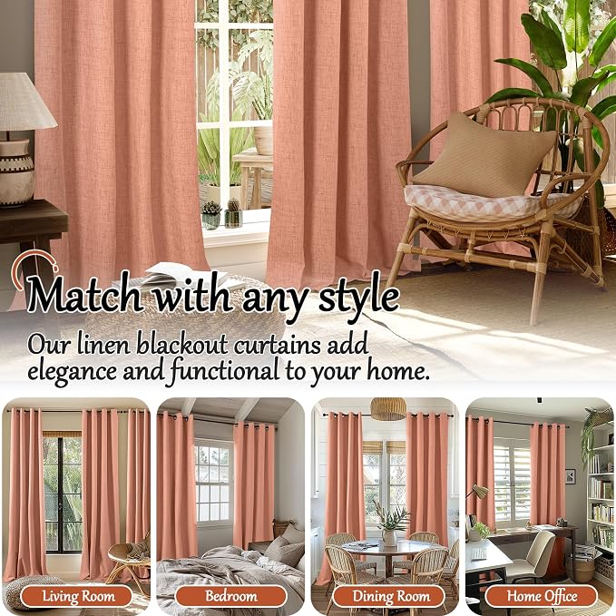Terracotta Linen Blackout Curtains 63" Long Each 60 Wide 2 Panels | Thermal - Image 7