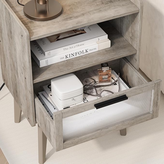 MMEOLUOOK Nightstand with Charging Station, Bedside Tables Oak Grey End Table - Image 7