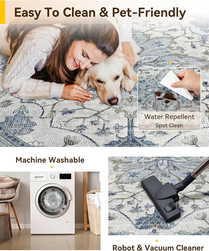 RELEANY Washable Area Rug, Round 6ft, Water Repellent, Pet Friendly, Vintage - Image 5