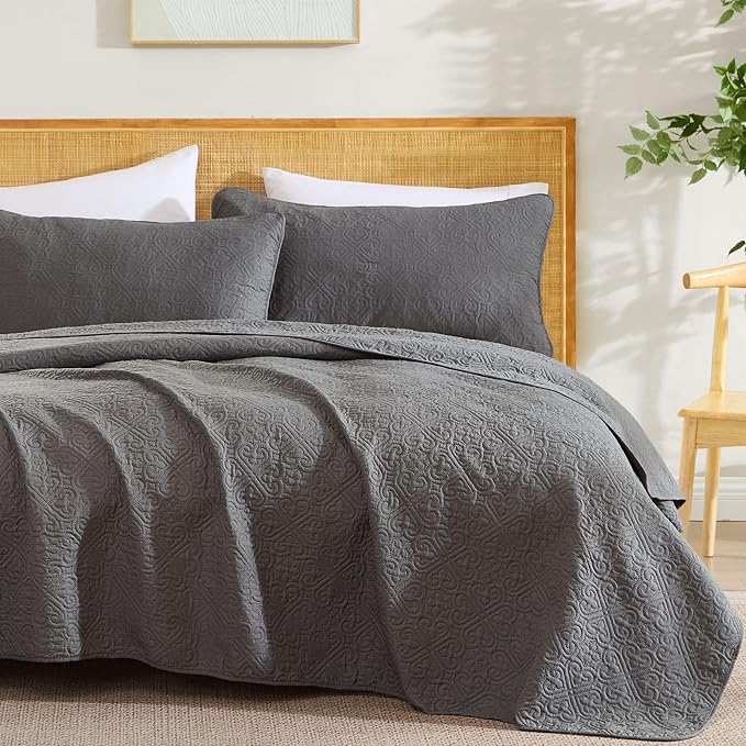 HLC.ME Lorenzo - Dark Grey Full Queen Size Quilt Set, Soft Summer Lightweight by HomeLinenCollections