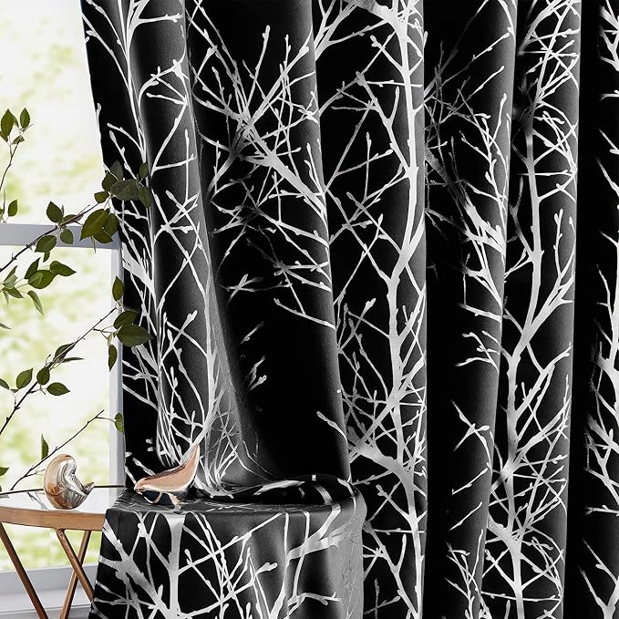 FMFUNCTEX 100% Blackout Black Silver Foil Tree Curtains 84 Inch 2 Panels | by Fmfunctex