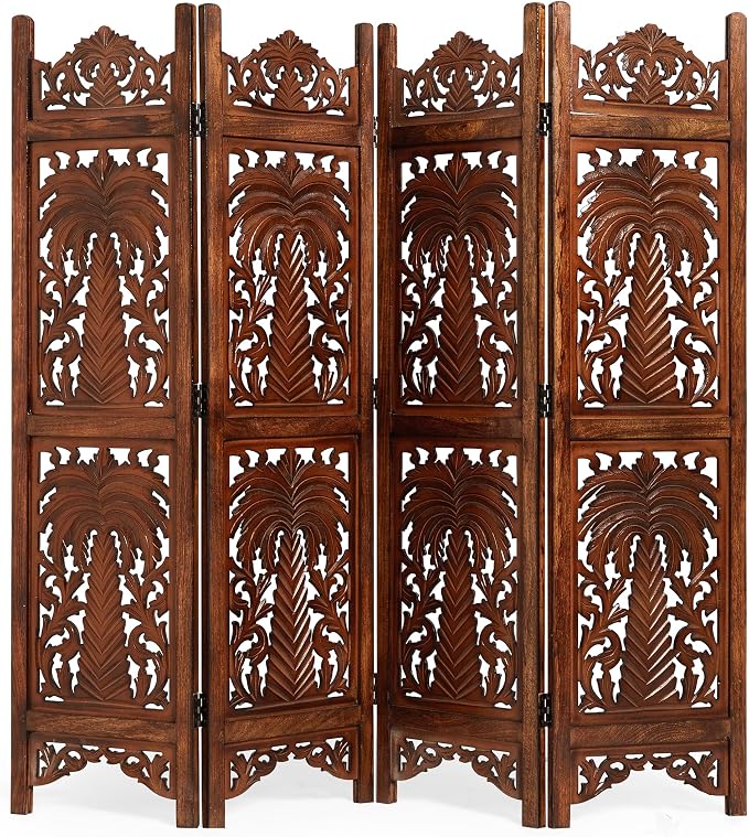 Lightnpro 4 Panel Palm Tree Wooden Room Divider 64" x 60" Hand-Carved Folding by Lightnpro