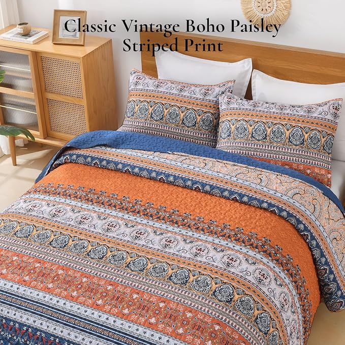 Blue Orange King Size Quilt Set, 3 Pieces Boho Striped Bedspread | Soft - Image 3
