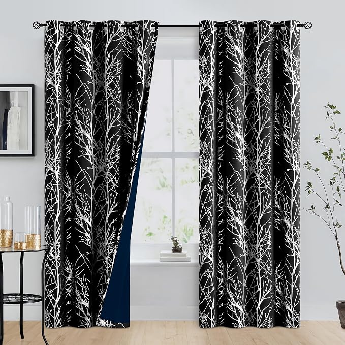 FMFUNCTEX 100% Blackout Black Silver Foil Tree Curtains 84 Inch 2 Panels | - Image 2