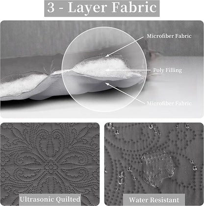 Easy-Going Twin Size Reversible Quilt Set with 1 Quilt and 1 Pillow Sham, Soft Bed Quilt Cover, Water Resistant Lightweight Microfiber Bedspread, Stain Resistant, Damask-Gray/Light Gray