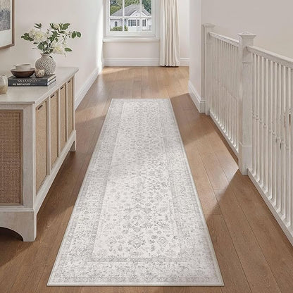 2x8 Grey Runner Rug Hallway Non Slip Kitchen Vintage Distressed Long Carpet Indoor Machine Washable Retro Floral Bedroom Accent Throw Rug for Office Laundry Bathroom Dining Living Room