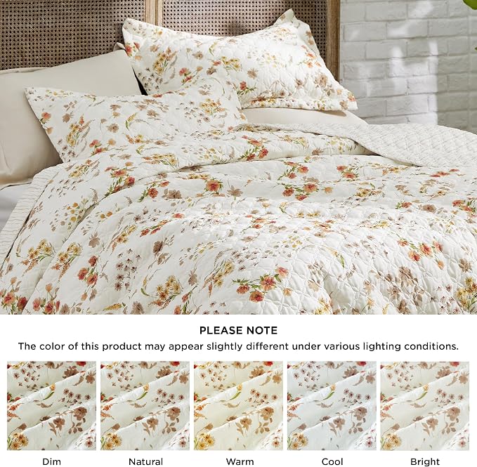 Bedsure Fall Quilts Queen Size, Reversible Botanical Floral Comforter Beige | - Image 7
