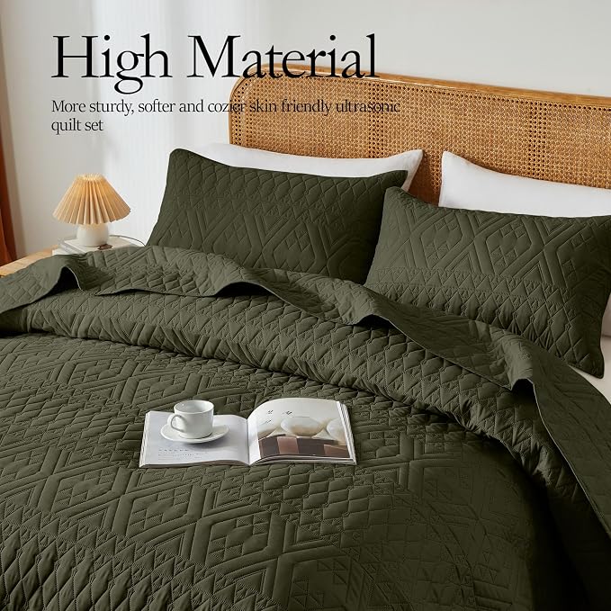 akkialla Full/Queen Size Quilt Bedding Set, Olive Green Lightweight Microfiber - Image 3