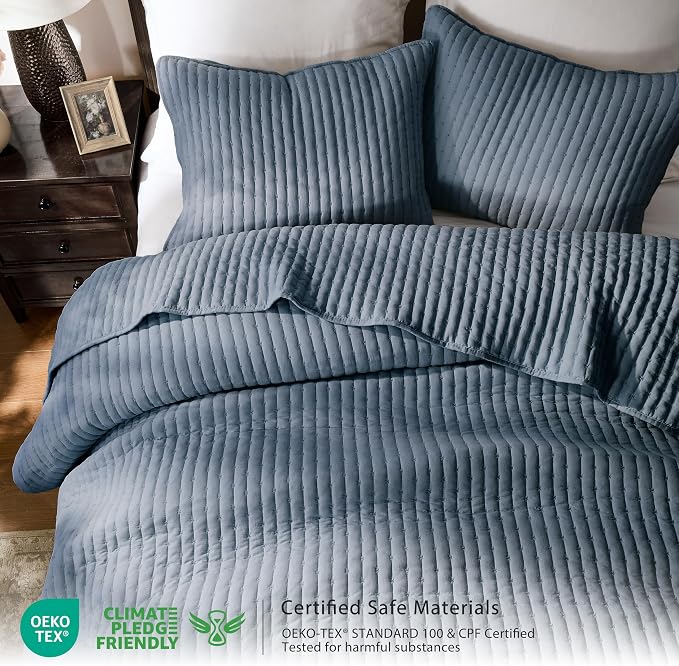 WDCOZY Blue Cross Stitch Twin Size Quilt Set, Striped Lightweight Soft Bedspread - Image 2