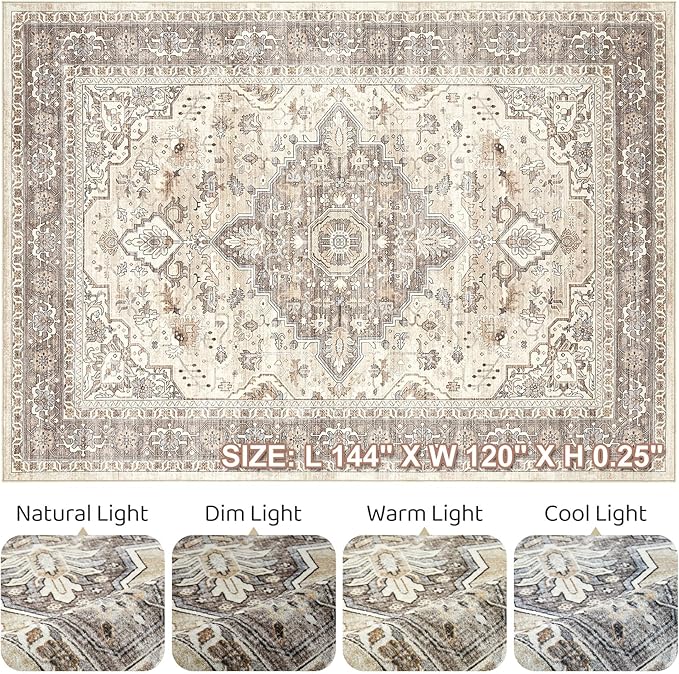 10x12 Area Rug Living Room: Washable Boho Large Neutral Vintage Soft Rugs Stain Resistant Farmhouse Non Slip Indoor Floor Carpet for Bedroom Nursery Kids Playroom Office Dining Room- Beige Brown