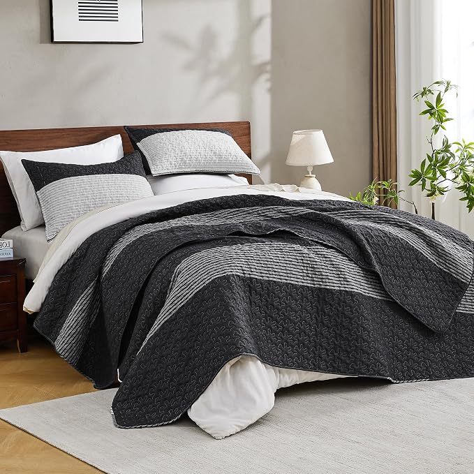 Oversized King Quilt Set Black White, 3 Pieces Stripe Bedspread | 128x120 Inch - Image 2