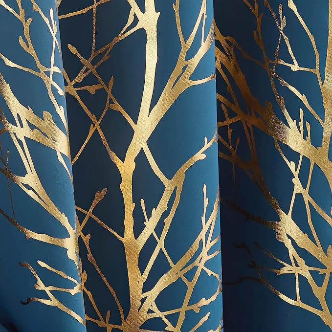 FMFUNCTEX 100% Blackout Navy Gold Foil Tree Curtains 96 Inch Long 2 Panels | - Image 7