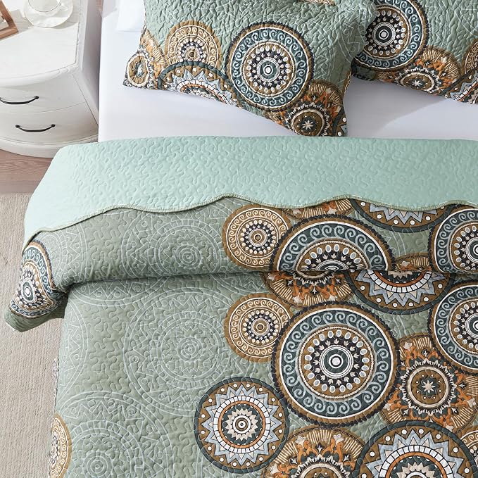 3-Piece Full Queen Size Olive Green Quilt Set Lightweight Oversized Bedspread - Image 4