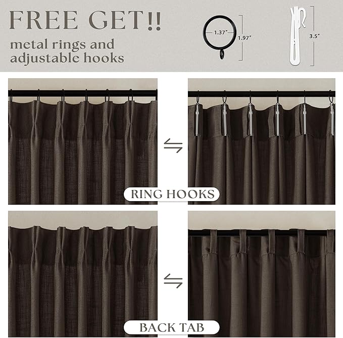 Dark Chocolate Pinch Pleated Linen 120 Inch Curtains 2 Panels for Living Room Bedroom Memory Training Shaped Semi Sheer Pleat Drapes with Hooks Rings Light Filtering Window Curtain 40x120