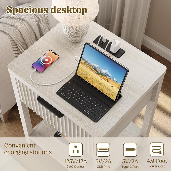 Night Stand Set 2, Fluted Wood Nightstands w/Charging Station - Image 7