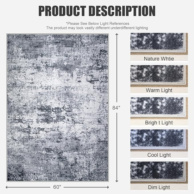 5x7 Area Rug Living Room: Modern Washable Indoor Soft Carpet Grey | - Image 2