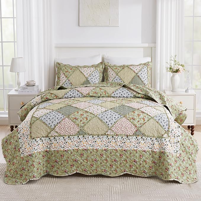 King Size Quilt Set Green Floral Patchwork Quilted Bedspreads Coverlet Set | - Image 2