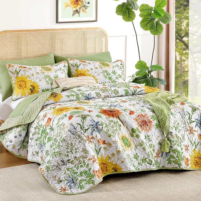 Yiran Sage Green Full Size Quilt, Sunflower Floral Bedspread Bedding Set | 3 - Image 2
