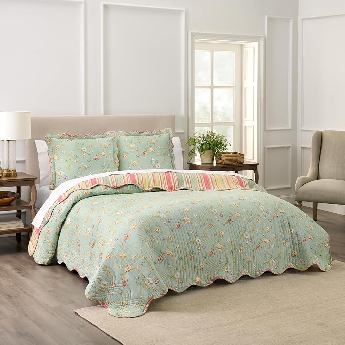 Waverly Garden Glitz Modern Farmhouse Floral 3-Piece Reversible Quilt Bedding by Waverly