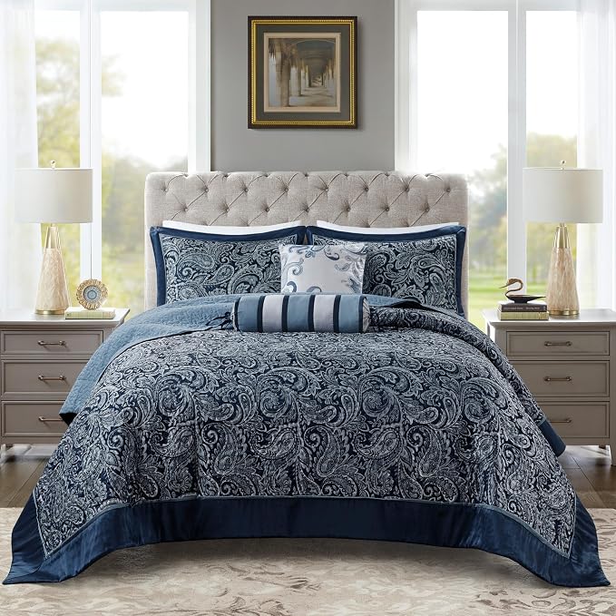 Madison Park Reversible Jacquard Quilted King Bedspread Set Navy, All-Season by MADISONPARK
